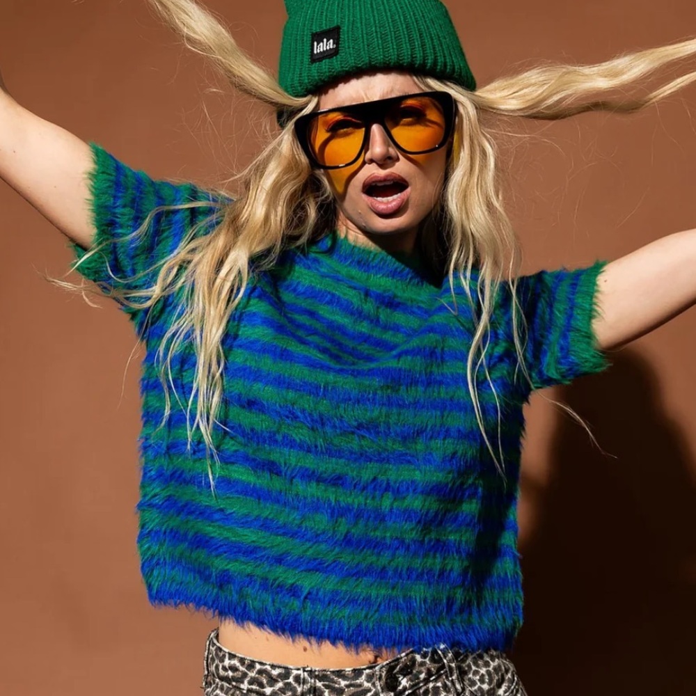 Be Proud Of Yourself Fuzzy Knit Top in Blue + Green